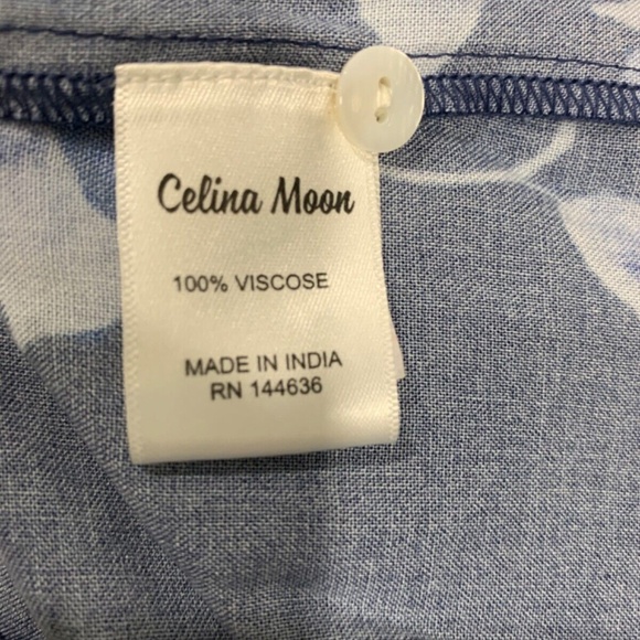 CELINA MOON BOHO BLUE PRINTED 3/4 SLEEVES BELTED MIDI DRESS SIZE L $259 - Picture 10 of 10